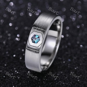 5.6mm White Gold Mens Hexagon Cut Alexandrite Wedding Band Alexandrite Men&#39;s Engagement Ring Brushed Finished Stacking Band His Wedding band