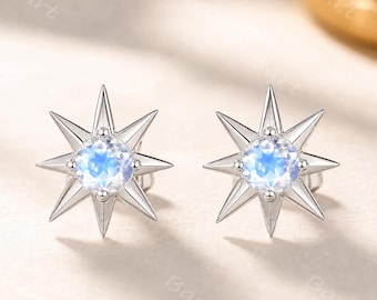 Blue Moonstone Star Stud Earrings Silver White Gold Celestial Push Back Earrings June Birthstone Blue Gemstones Earrings for Him and Her