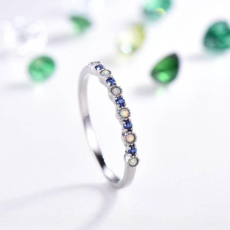 Natural Blue Sapphire 14k White Gold Opal Wedding Ring Stackable Band Dainty Women Engagement Anniversary Gift Bridal Set Jewelry