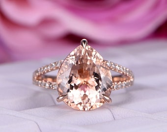10x12mm Pear Cut Vintage Morganit Verlobungsring Split Diamant Ehering Rose Gold Morganit Frauen Jahrestag Ring Morganit Schmuck