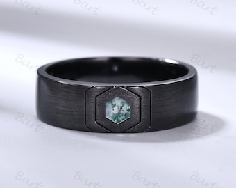 Black Gold Moss Agate Hexagon Ring - Matte Finish Sterling Silver Men&#39;s Band