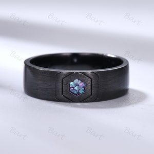 Black Gold Mens Hexagon Cut Alexandrite Wedding Band Alexandrite Men&#39;s Engagement Ring Brushed Finished Stacking Band His Wedding band