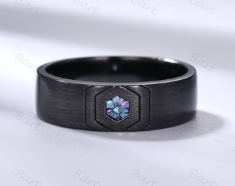 6mm Mens Hexagon Cut Alexandrite Wedding Band Black Gold Men Brushed Matte Solitaire June Birthstone Ring Promise Anniversary Ring for Him