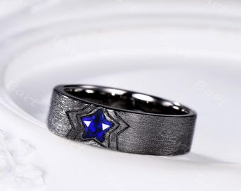 Star Shape Blue Sapphire Mens Wedding Band Black Gold Brushed Blue Stone Solitaire Ring Minimalist September Birthstone Ring for Him