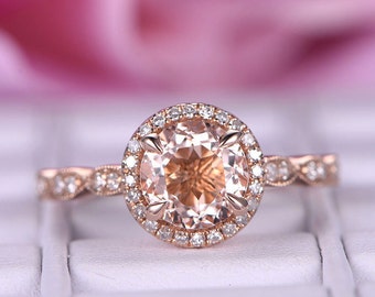 1.25 Carats Natural Round Cut Morganite Ring Art Deco Diamond Wedding Band Rose Gold Diamond Halo Ring Pink/Peach Morganite Ring For Women