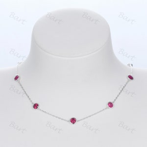 Delicate Lab Ruby Station Necklace: 10-Stone White Gold Bezel Chain