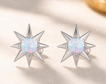 White Opal Octagram Star Stud Earrings Silver White Gold Celestial October Birthstone Mens Women Ear Studs Gothic Earrings for Him and Her