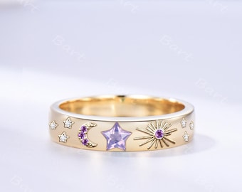 Star Shaped Lavender Amethyst Gold Wedding Band 6mm Wide Celestial Sun Moon Starry Stack Ring Galaxy Purple Gemstones Stackable Ring Gift