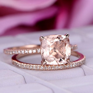 Natural morganite engagement ring,Morganite ring set,Diamond stacking ring,Unique cushion morganite ring,Rose gold promise rings for women