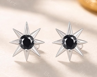 Celestial Black Onyx Octagram Star Stud Earrings Sterling Silver White Gold Black Gemstones Mens Women Ear Studs Gift for Him and Her