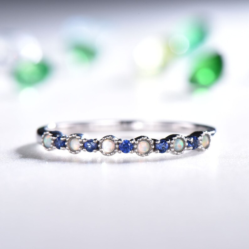 Natural Blue Sapphire 14k White Gold Opal Wedding Ring Stackable Band Dainty Women Engagement Anniversary Gift Bridal Set Jewelry