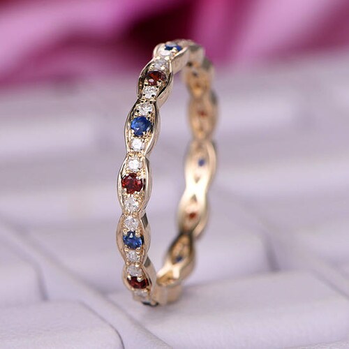 Moissanite Blue Sapphire Garnet Wedding Ring Band 14k Rose | Etsy