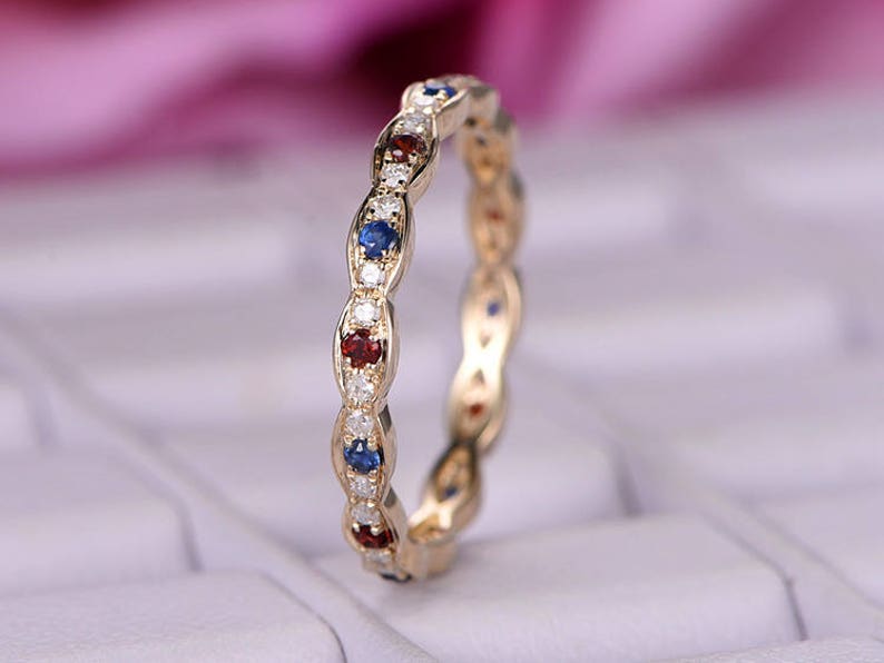 Moissanite Blue Sapphire Garnet Wedding Ring Band 14k Rose Gold Full Eternity Stacking Matching Jewelry Birthstone Promise Anniversary