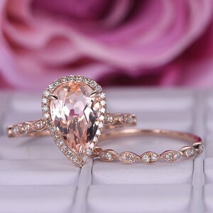 BartUSgem: Tear drop natural morganite engagement ring with diamond halo, art deco diamond wedding stacking ring set.