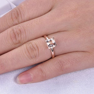 BartUSgem- 7mm Cushion Cut Natural Morganite Ring in 14k Solid Rose Gold, Plain Gold Band, Prong Set, 1.65ct Pink/Peach Morganite Engagement Ring, Women Daily Ring