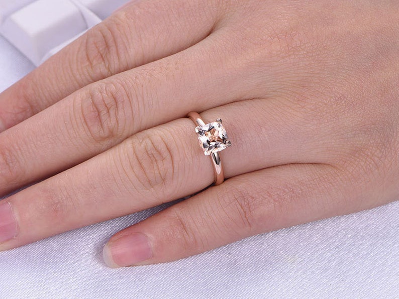 BartUSgem- 7mm Cushion Cut Natural Morganite Ring in 14k Solid Rose Gold, Plain Gold Band, Prong Set, 1.65ct Pink/Peach Morganite Engagement Ring, Women Daily Ring
