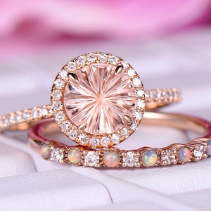Morganite Engagement Ring Set: 14k Rose Gold Diamond & Opal Band