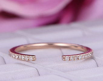 Rose Gold Open Wedding Band Diamond/Moissanite Gap Engagement Ring Thin Full Eternity Minimalist Women Stacking Matching Anniversary Gift