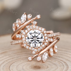 Moissanite Gold Leaf Ring Set, Art Deco Leaf Moissanite Wedding Enhancer Band,Prong Set Moissanite Olive Leaf Vine Ring,Moissanite Open Ring
