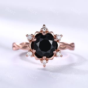 Vintage Round Black Onyx Engagement Ring Unique Rose Gold Floral Infinity Ring Moissanite Wedding Ring Cluster Onyx Ring Halo Ring Vine Ring
