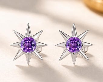 Amethyst Celestial Star Stud Earrings Sterling Silver White Gold Natural Purple Gemstones Push Back Earrings Unique Gift for Him and Her