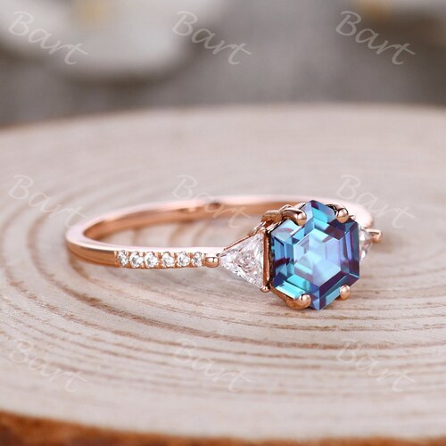 Vintage alexandrite engagement ring,Hexagon cut alexandrite ring for women,Art deco moissanite ring,14k rose gold shops promise personalized ring