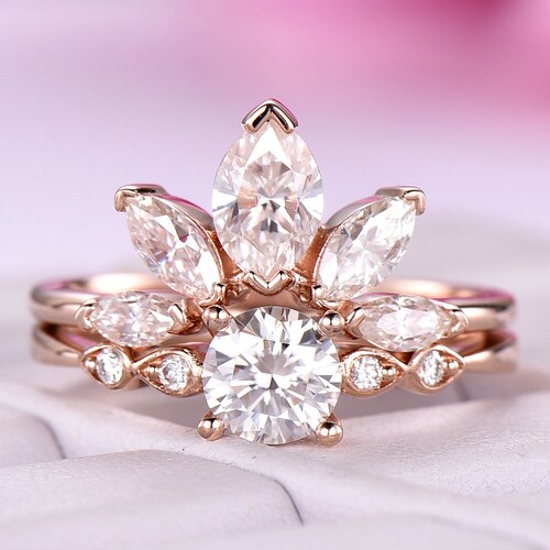 Pear Shaped Moissanite Engagement Ring Set 14k Rose Gold - Etsy