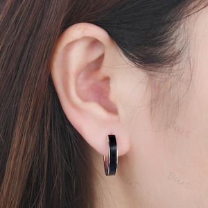 Black Everyday Hoops Earrings,Dainty Black Tile Hoop Earrings Small 4mm Hoops Earrings,Huggie Hoop Earring Set,White Gold Black Enamel Hoops