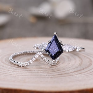 Romantic Galaxy Blue Sandstone Bridal Ring Set Rose Gold Vintage Engagement Ring Kite Cut Blue Sandstone Moissanite Wedding Band Women Ring