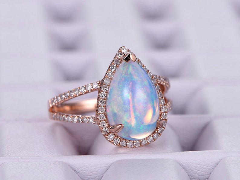 8x12mm Pearshaped African Opal Engagement ring/14k rose gold Etsy