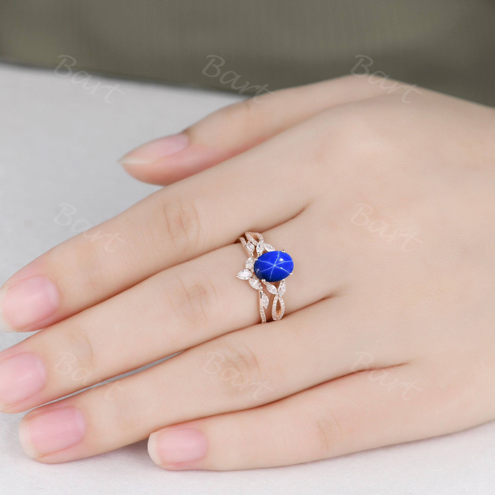 14k Rose Gold Blue Star Sapphire Engagement Ring Set Oval Shaped Blue Star Sapphire Wedding Ring Set Art Deco Leaf Style Engagement Ring Set