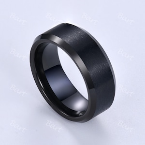 6mm 8mm Black Brush Matte Band Mens Engagement Ring Black Tungsten Ring Beveled Edge His and Hers rings Classic Black Whiskey Barrel Rings