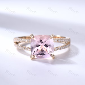 Natural Cushion Cut Pink/Peach Engagement Ring 14k Rose Gold Diamond Split Shank Morganite Diamond Women Bridal Ring Morganite Jewelry Rings image 8