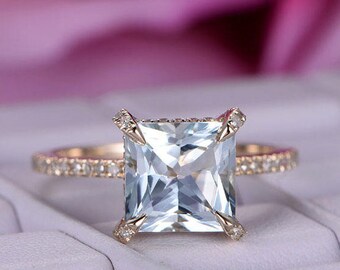 8mm Princess Cut Blue Aquamarine Engagement ring/14k Rose gold band/Bridal wedding ring/Half Eternity /Claw Prong/Anniversary ring/Pave set