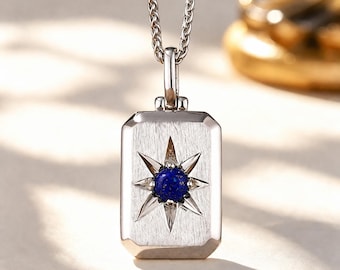 Mens Lapis Lazuli Dog Tag Pendant Necklace Sterling Silver Celestial Star Blue Gemstone Pendant Unique Compass Pendant Gift for Him