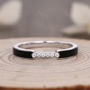 Unique Art Deco Diamond Black Onxy Band, Bezel Black Onyx Moissanite Wedding Matching Band, Half Eternity 10k White Gold Boho Diamond Onyx