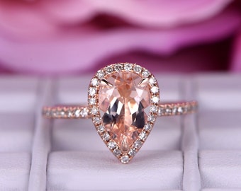 6x9mm Morganite Engagement Ring Women Bridal Propose Ring Diamond Halo Rose Gold Ring Stacking Ring Natural Pear Cut Morganite Jewelry Gift