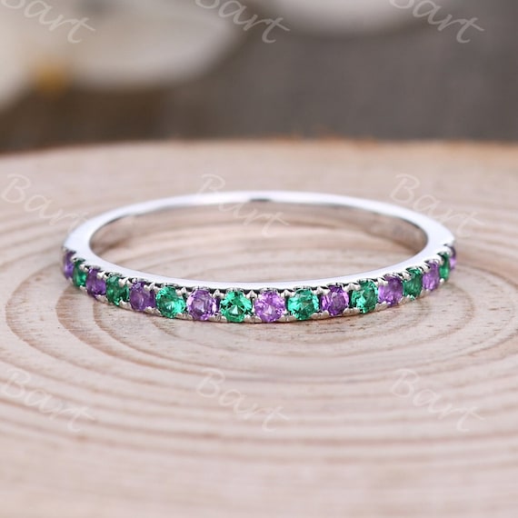 14k White Gold Natural Emerald Amethyst Wedding Band Full Eternity Ring  Stackable Matching Ring Birthstone Women Promise Anniversary Gift - Etsy