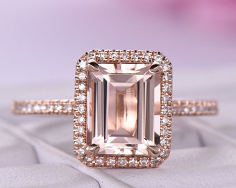 7x9mm Natürliche Rosa Morganit Verlobungsring Smaragdschliff 14k Rose Gold Diamant / Moissanite Halo Versprechen Braut Jubiläumsring für Frauen