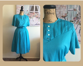 TEAL APPEAL Womens Vintage 60s Dress Size XL 12 14 Matching Belt Teal Blue Pleated Skirt Fit and Flare Pinup Dapper Viva Midi Below Knee