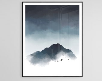 Stormy Mountain, Monochromatic Mountains, Gray and Blue Landscape, Digital Artwork Print , Digital Download, Abstract Landscape, Watercolor