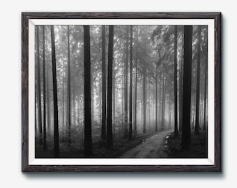 Forest Wall Art Road Print Fog Woodland Print Printable Photography Nature Wall Art, Country Road, Black and White Prints, Printable