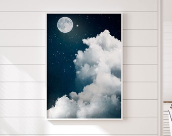 Moon and Cloud Wall Art Abstract Surreal Stars and Large Surreal Art Print in Dark Blue