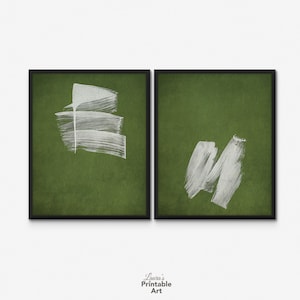 Abstrakte Wandkunst, Olivgrün, 2er-Set, weißer Pinselstrich, moderne Wandkunst, Instant Download