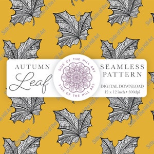 Autumn Leaf Zentangle drawing Seamless Floral Pattern Downloadable Printable Scrapbook Digital Paper