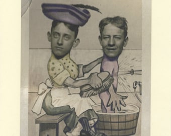 Scrubbing Duo: Vintage LGBTQ+ Card - gay dads Valentine card, adoption shower card, Father's day card, hand colored photo circa 1930