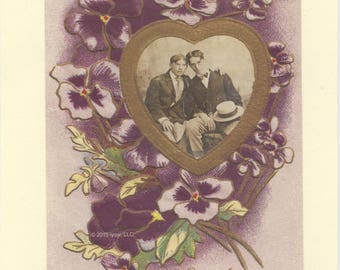 One Heart: Vintage LGBTQ+ Card - gay engagement card, vintage floral card, greetings, just saying hello, just because card, gay wedding card