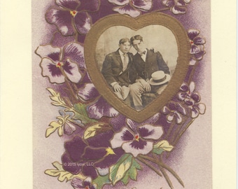 One Heart: Vintage LGBTQ+ Card - gay engagement card, vintage floral card, greetings, just saying hello, just because card, gay wedding card