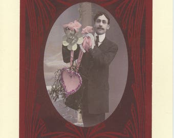 Heart In Hand: Vintage LGBTQIA+ Card - asexual Valentine's Day card, ace engagement card, hand colored postcard circa 1915