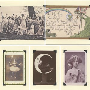 May include: A collage of vintage postcards featuring a group of girls in a forest, a fairy godmother with a rainbow, a man sitting on a crescent moon, and a woman with a feather in her hair.